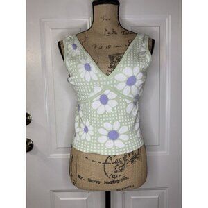 Daisy Floral Printed Sweater Vest Vneck Green Purple LARGE Retro Preppy Cottage